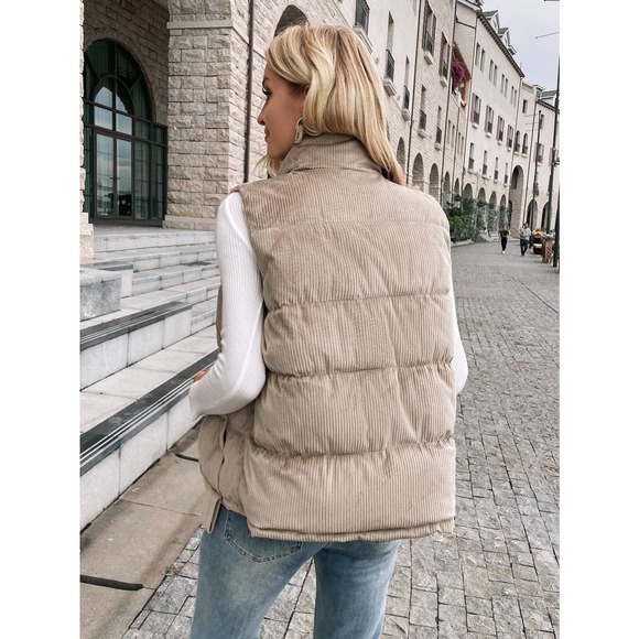 Snap Button Up Corduroy Puffer Vest Coat tan - Picture 2 of 6